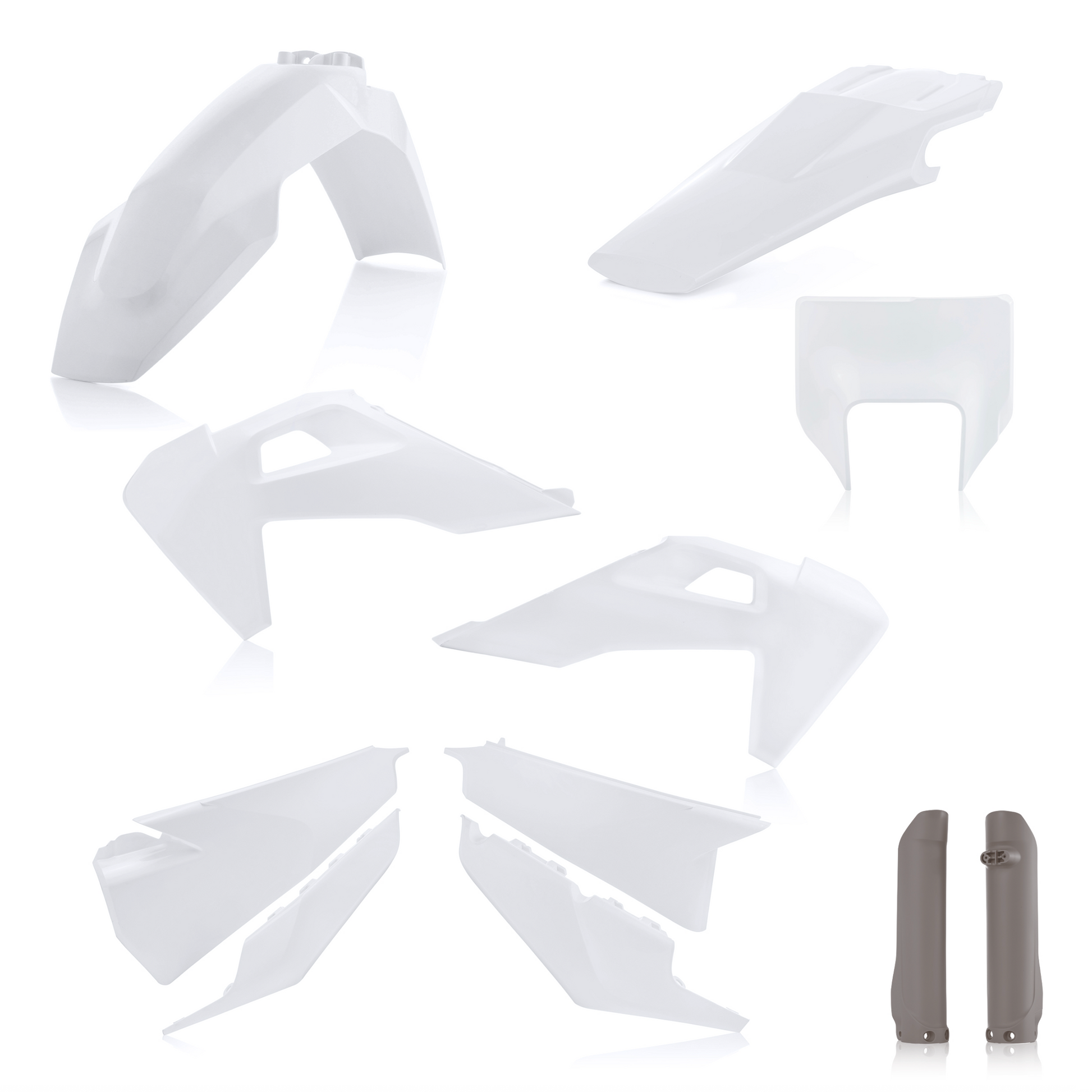 White plastic motorcycle parts on a white background