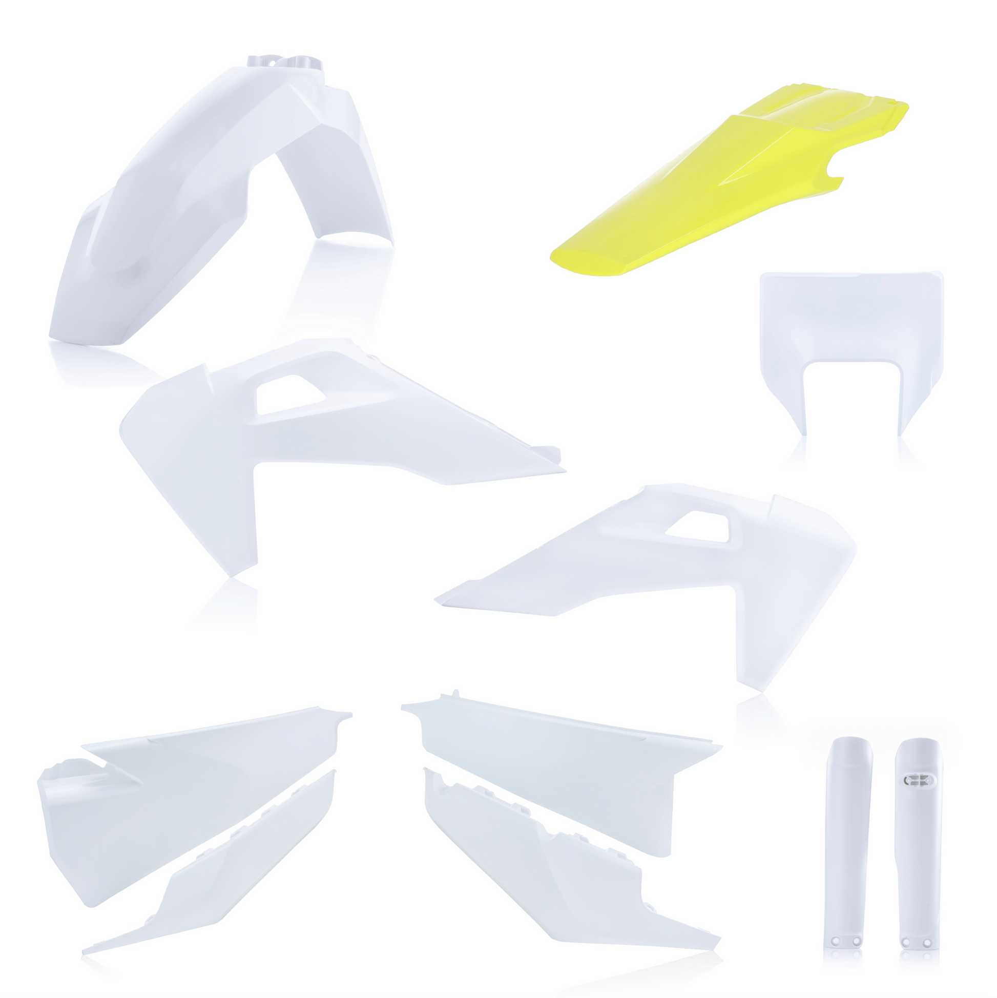 White plastic motorcycle parts with a yellow accent on a white background