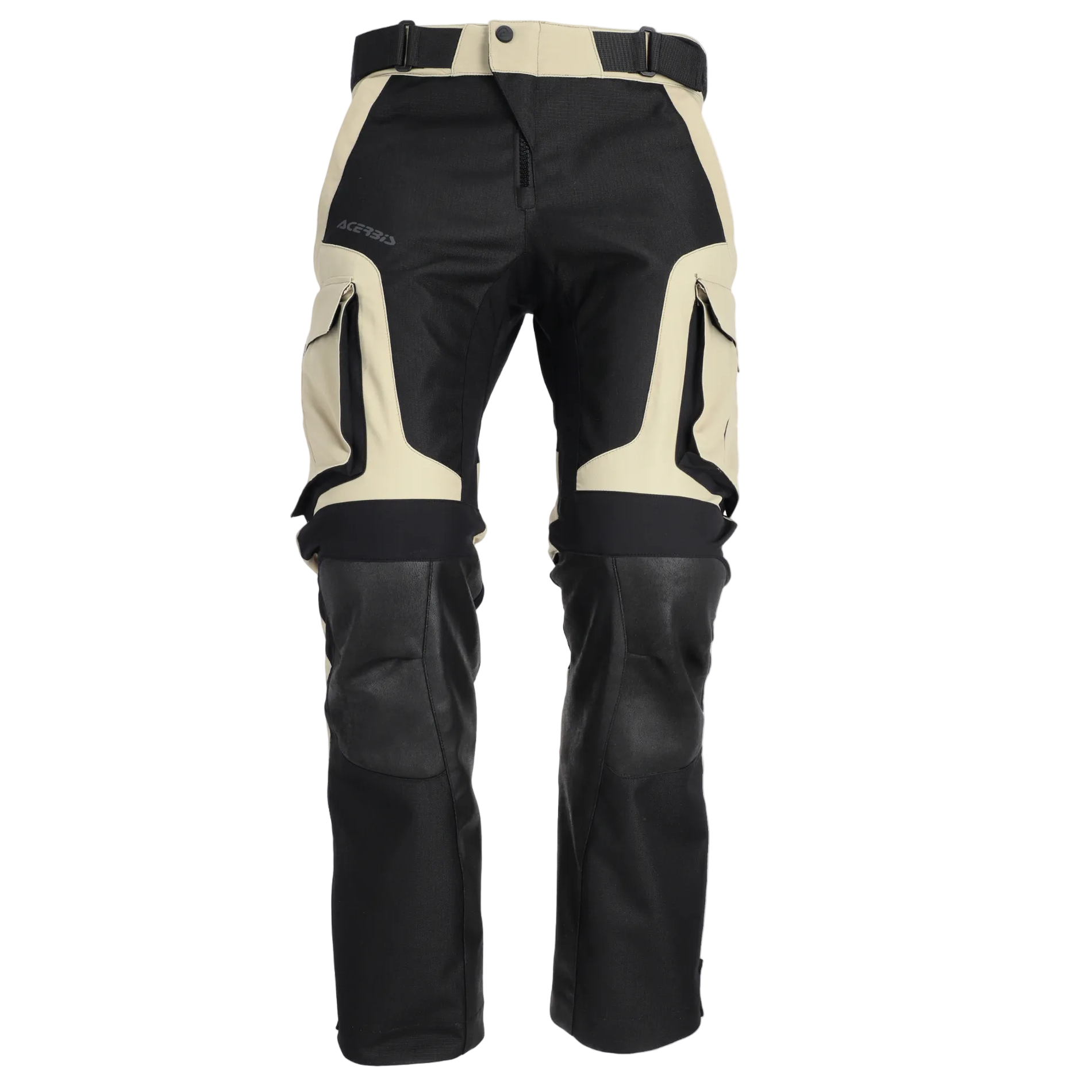 Black and beige motorcycle pants on a white background