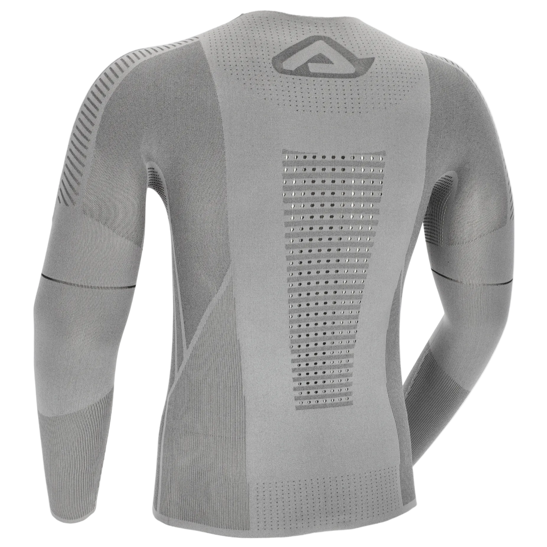 Gray long-sleeve compression shirt with a brand logo on a white background