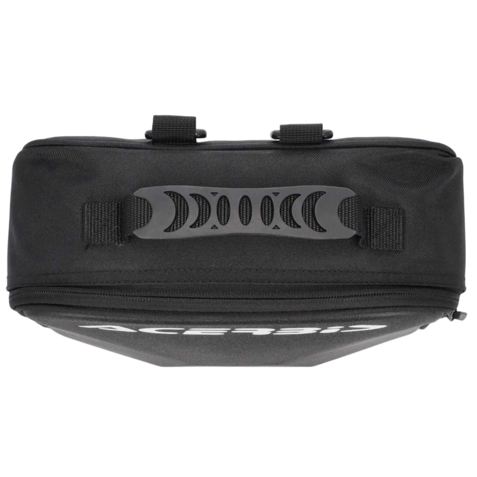 Black motorcycle saddlebag with visible brand logo on a white background