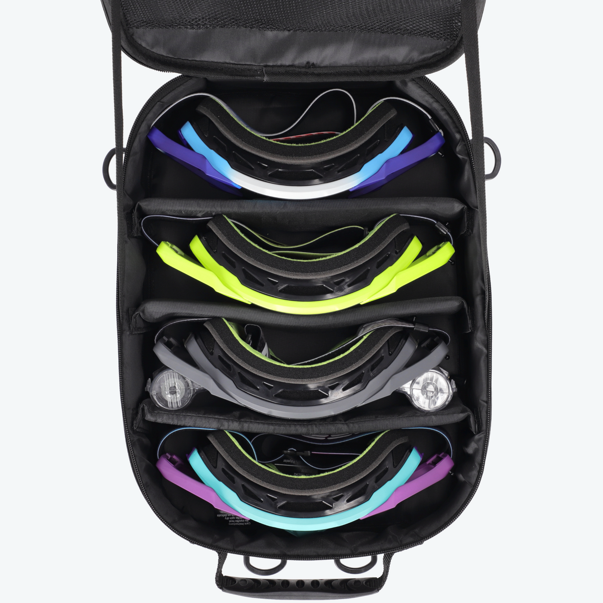 Black case with colorful ski goggles inside on a white background