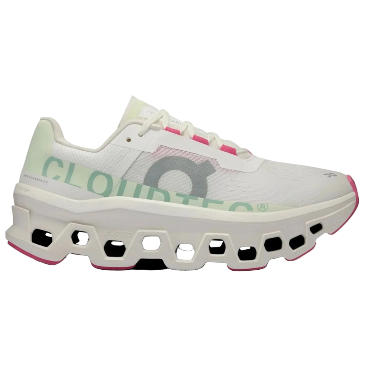 White running shoe with unique sole design on a white background
