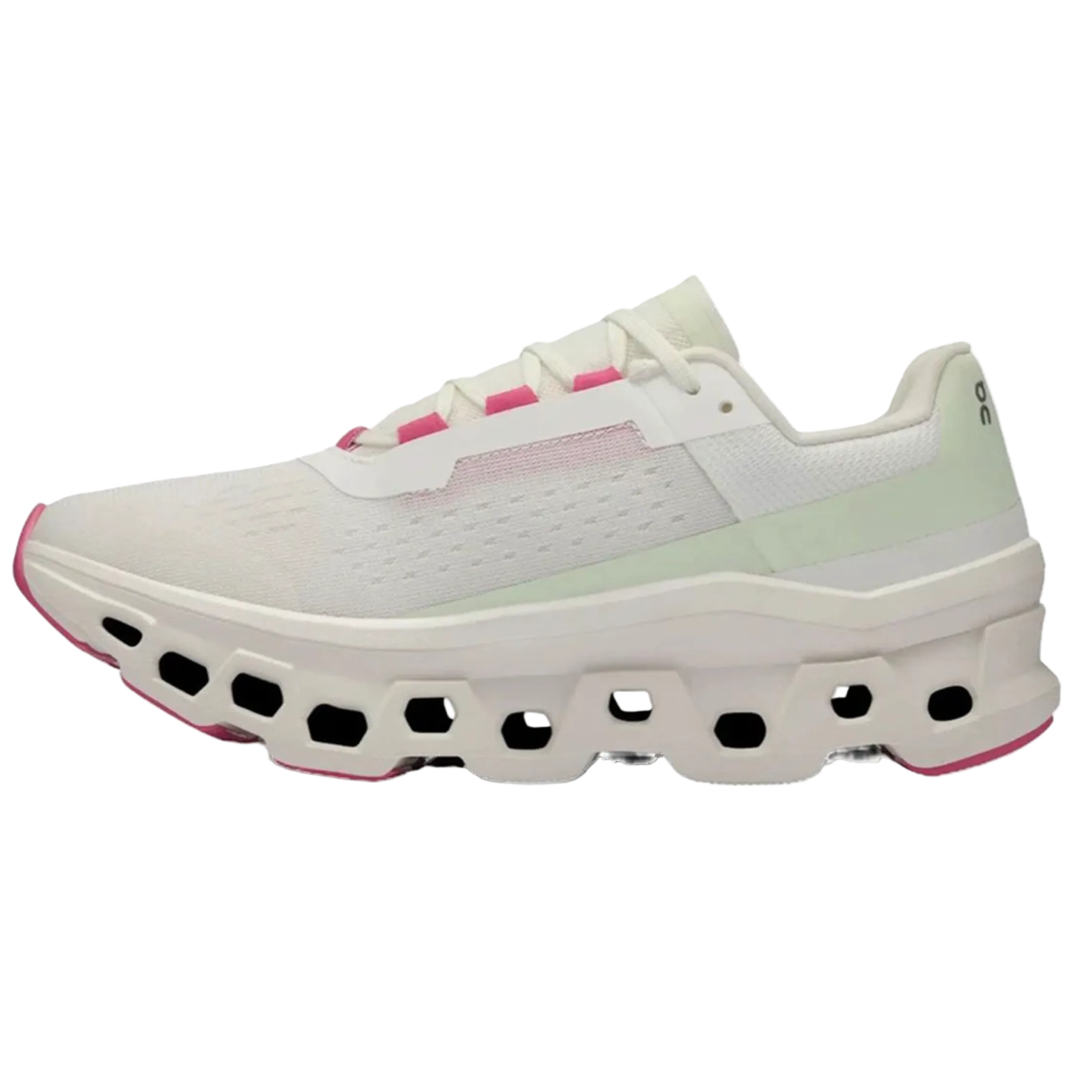White running shoe with pink accents on a white background