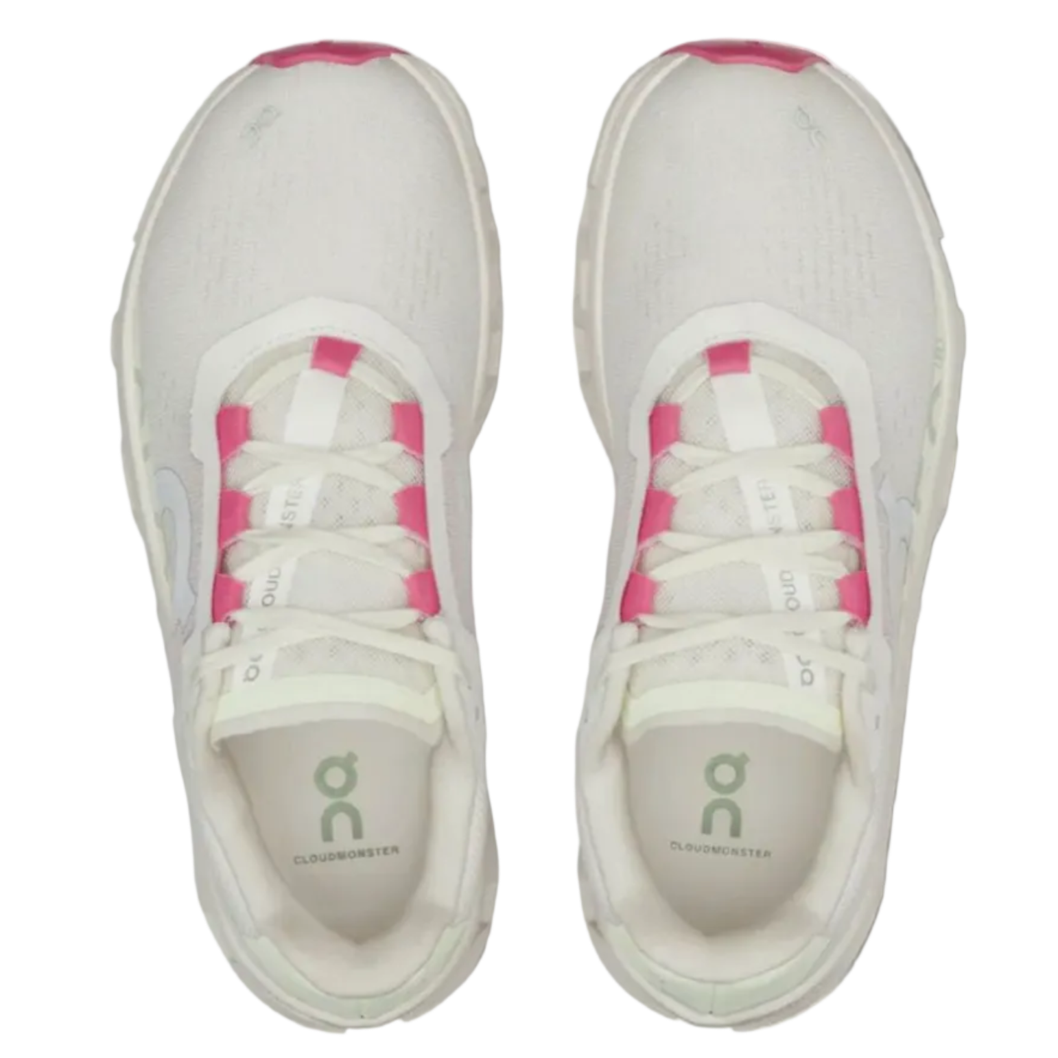 Pair of white sneakers with pink accents on a white background