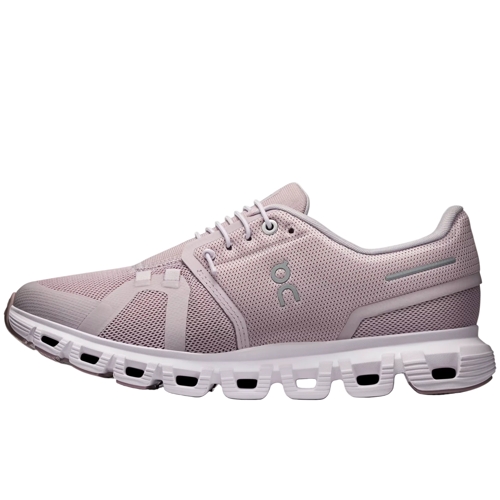 Light gray running shoe with white sole on a light gray background