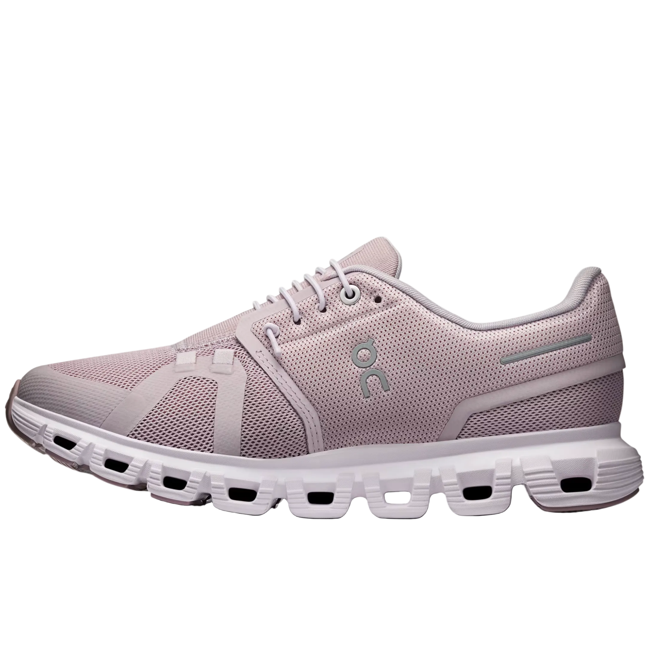 Light gray running shoe with white sole on a light gray background