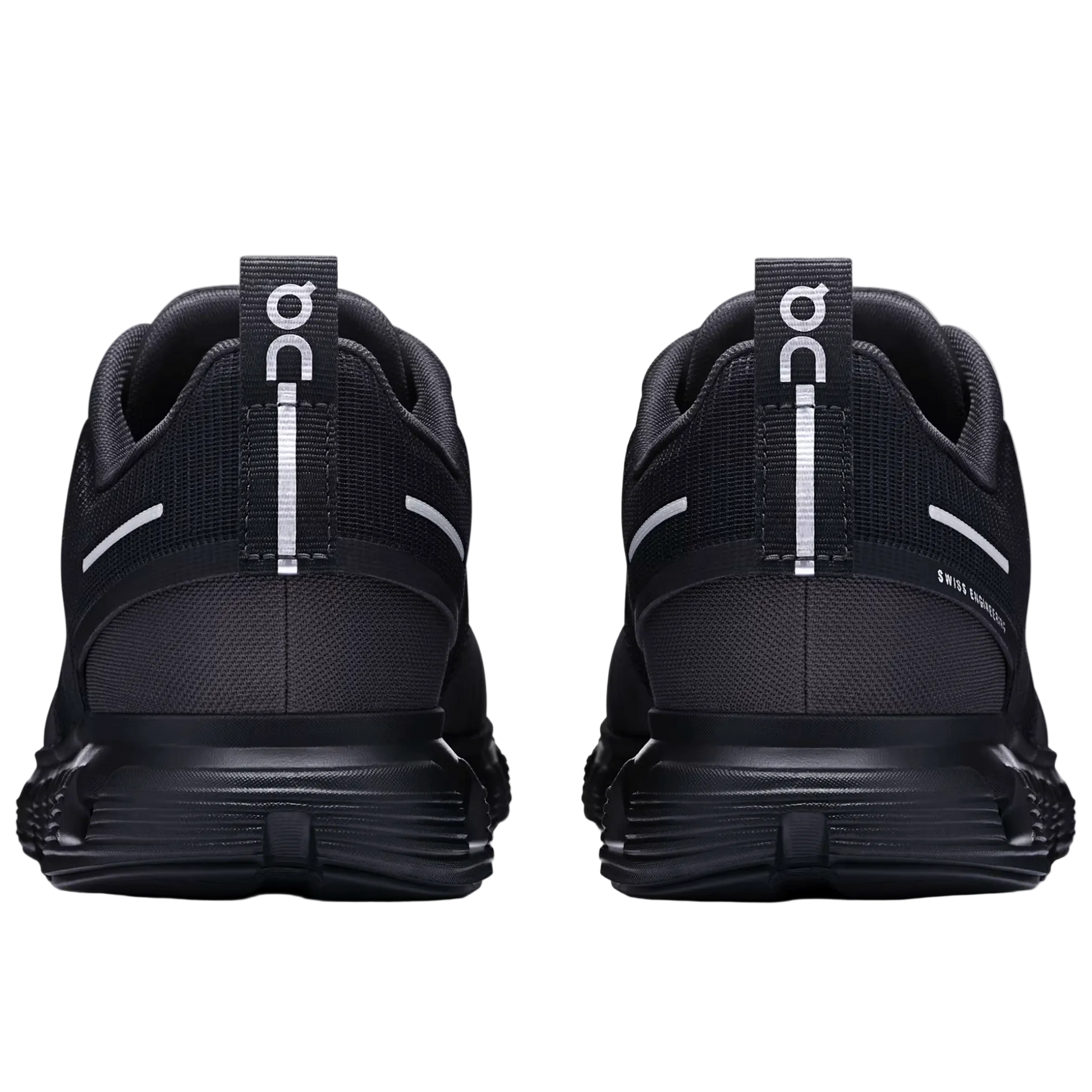 Black running shoes with white accents on a light gray background