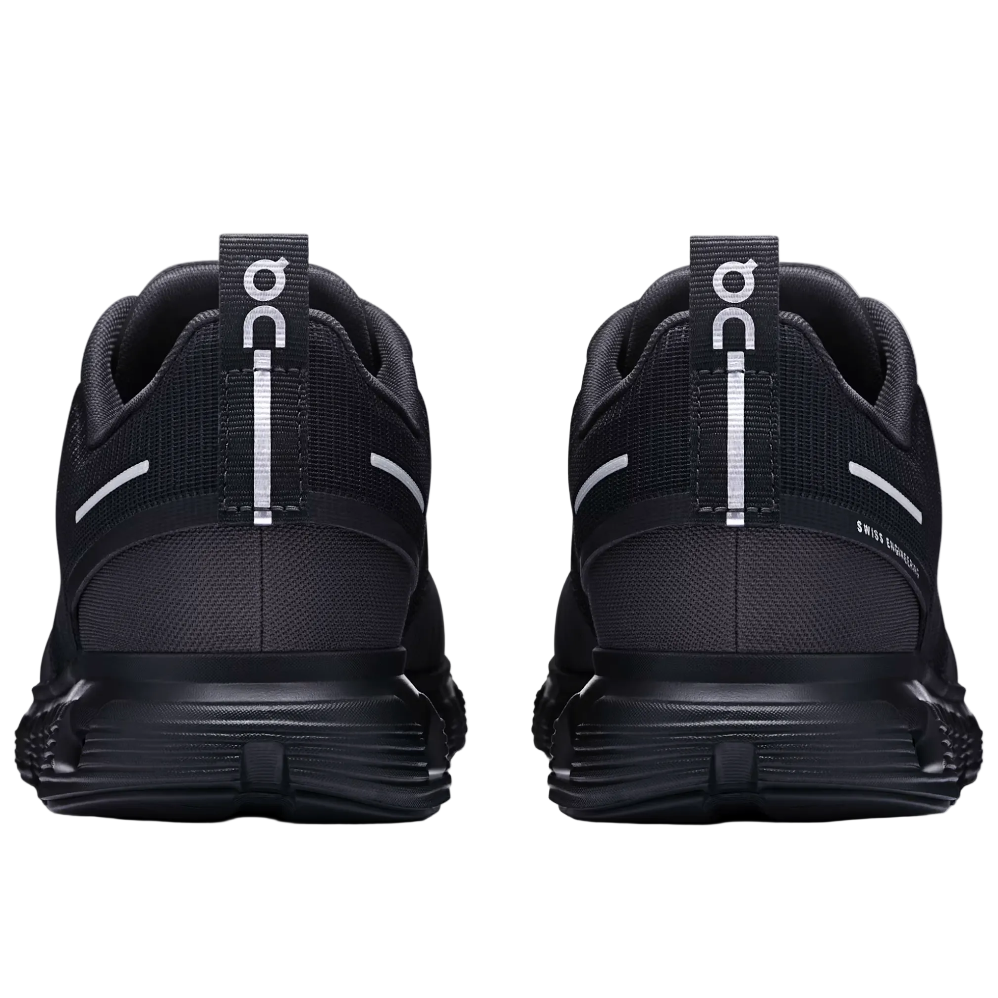 Black running shoes with white accents on a light gray background