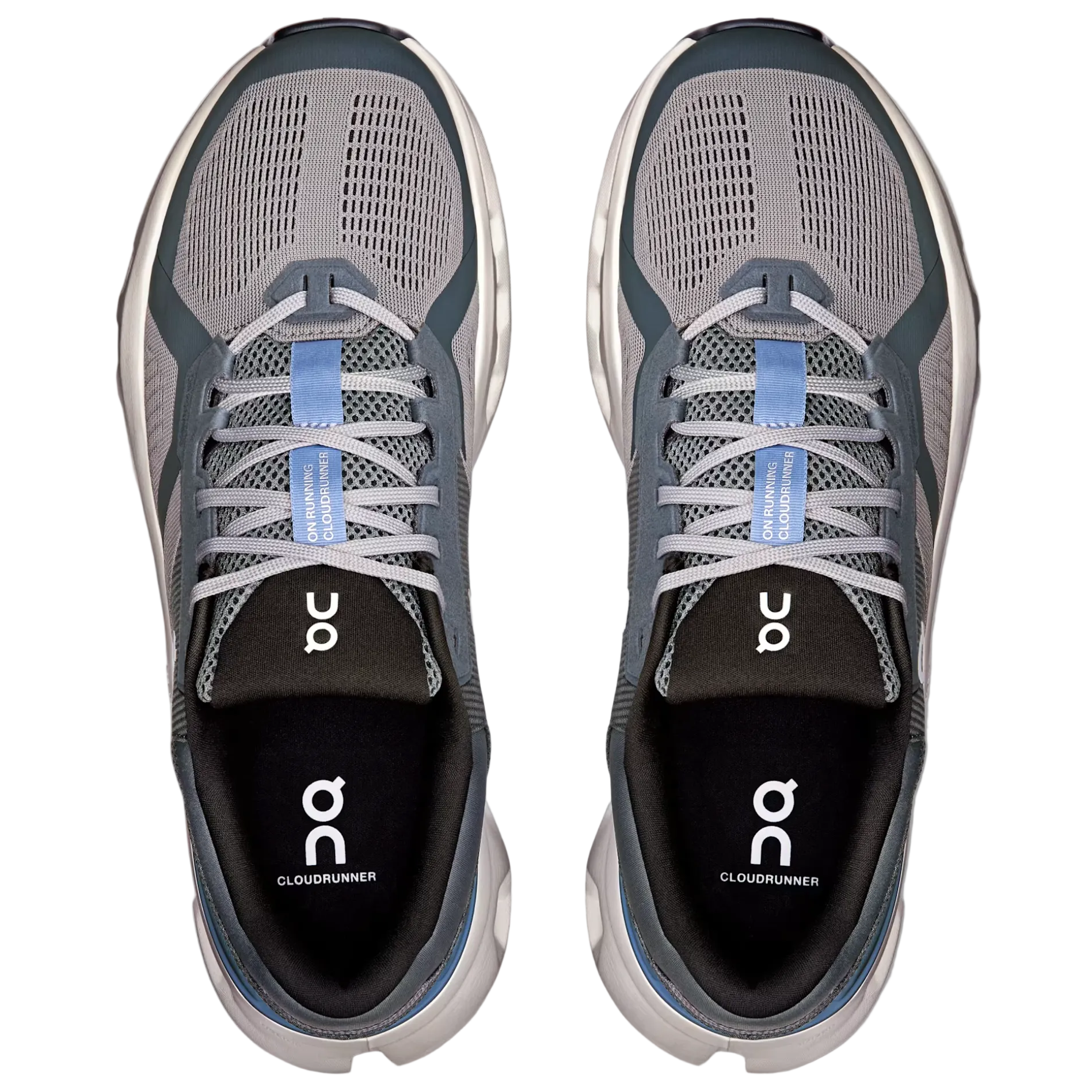 Gray running shoes with 'on' branding on a light gray background