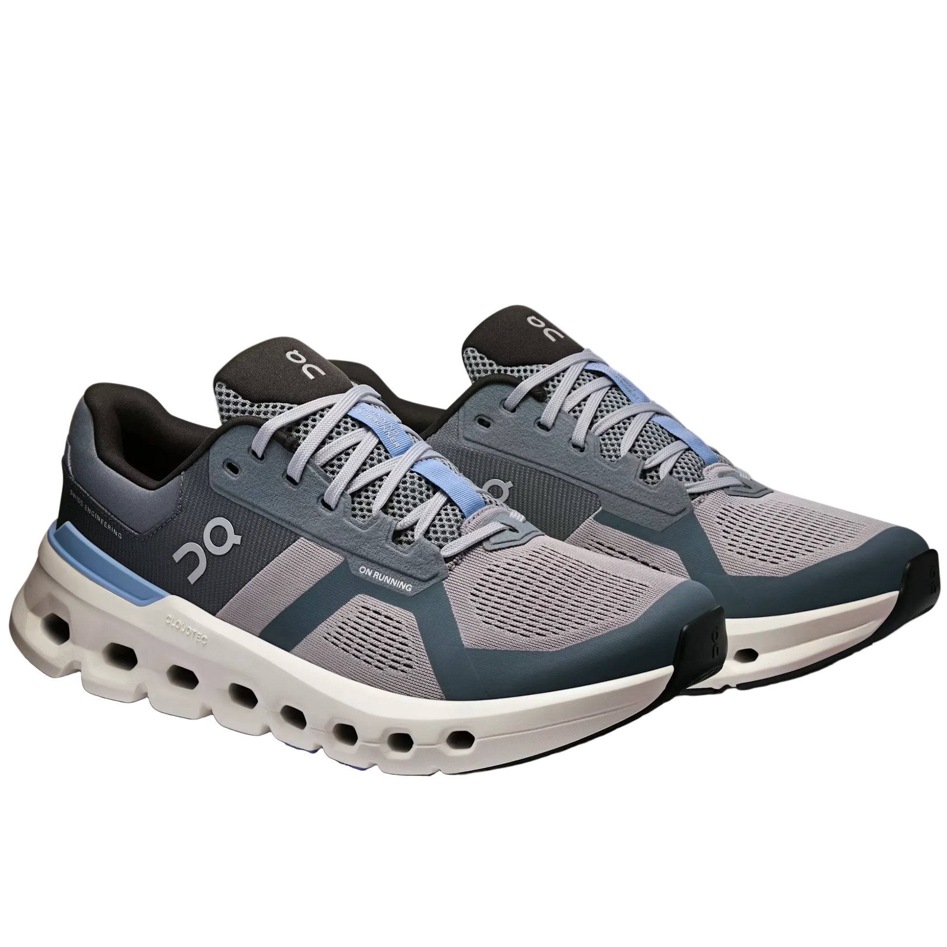 Pair of gray and blue running shoes on a white background