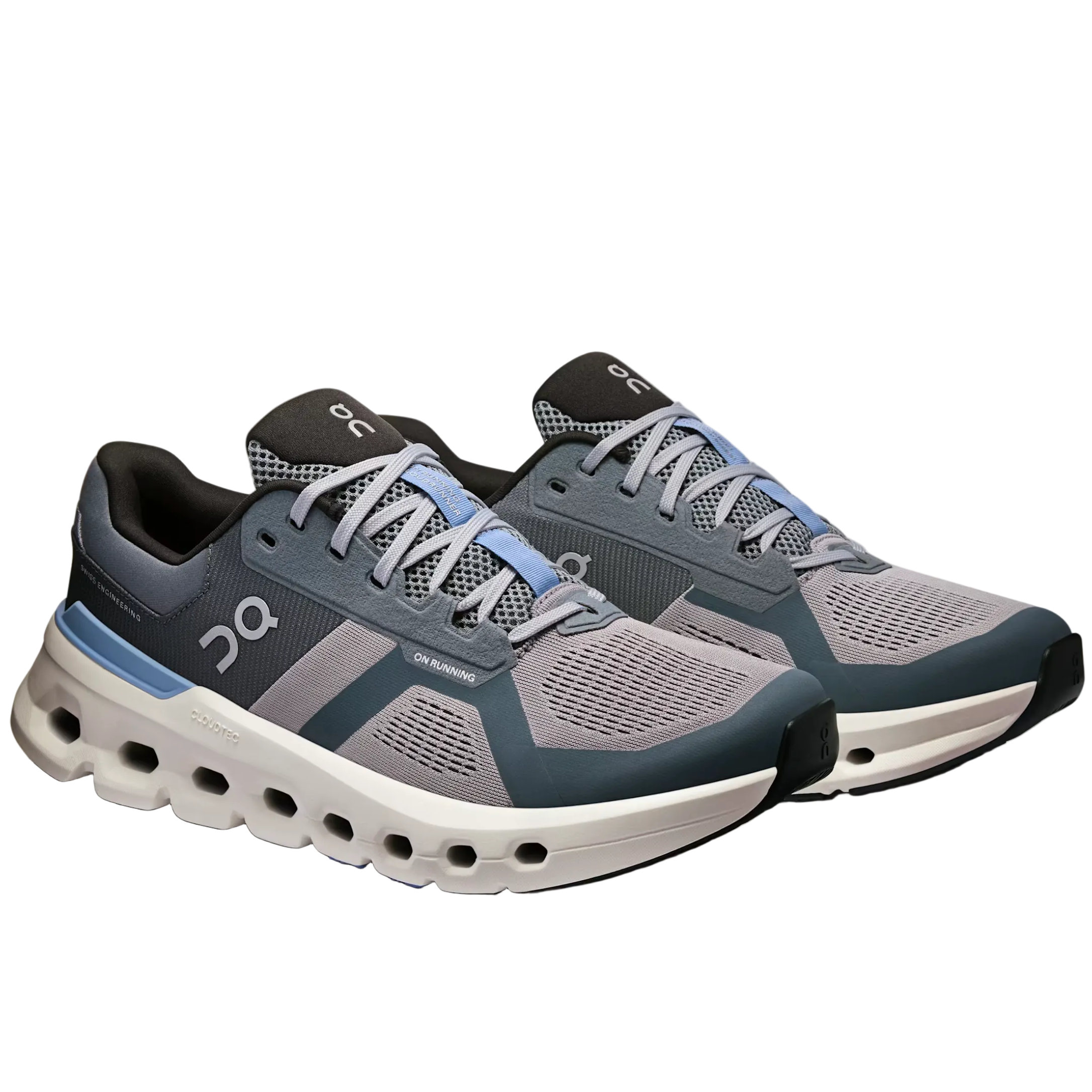 Pair of gray and blue running shoes on a white background