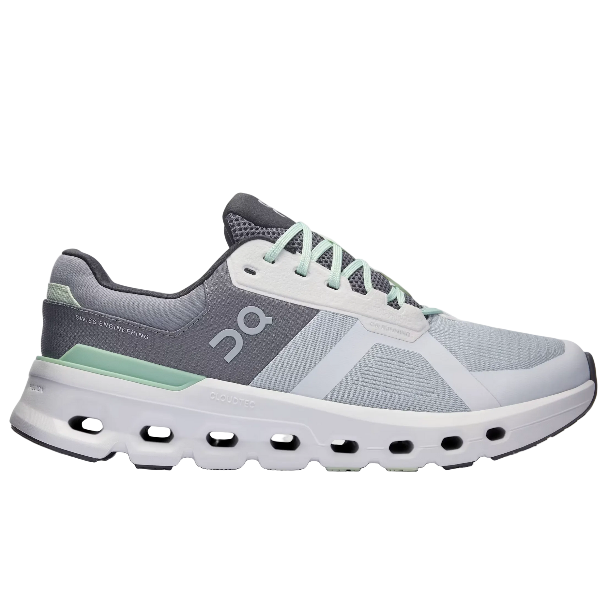 Gray and white running shoe on a light gray background