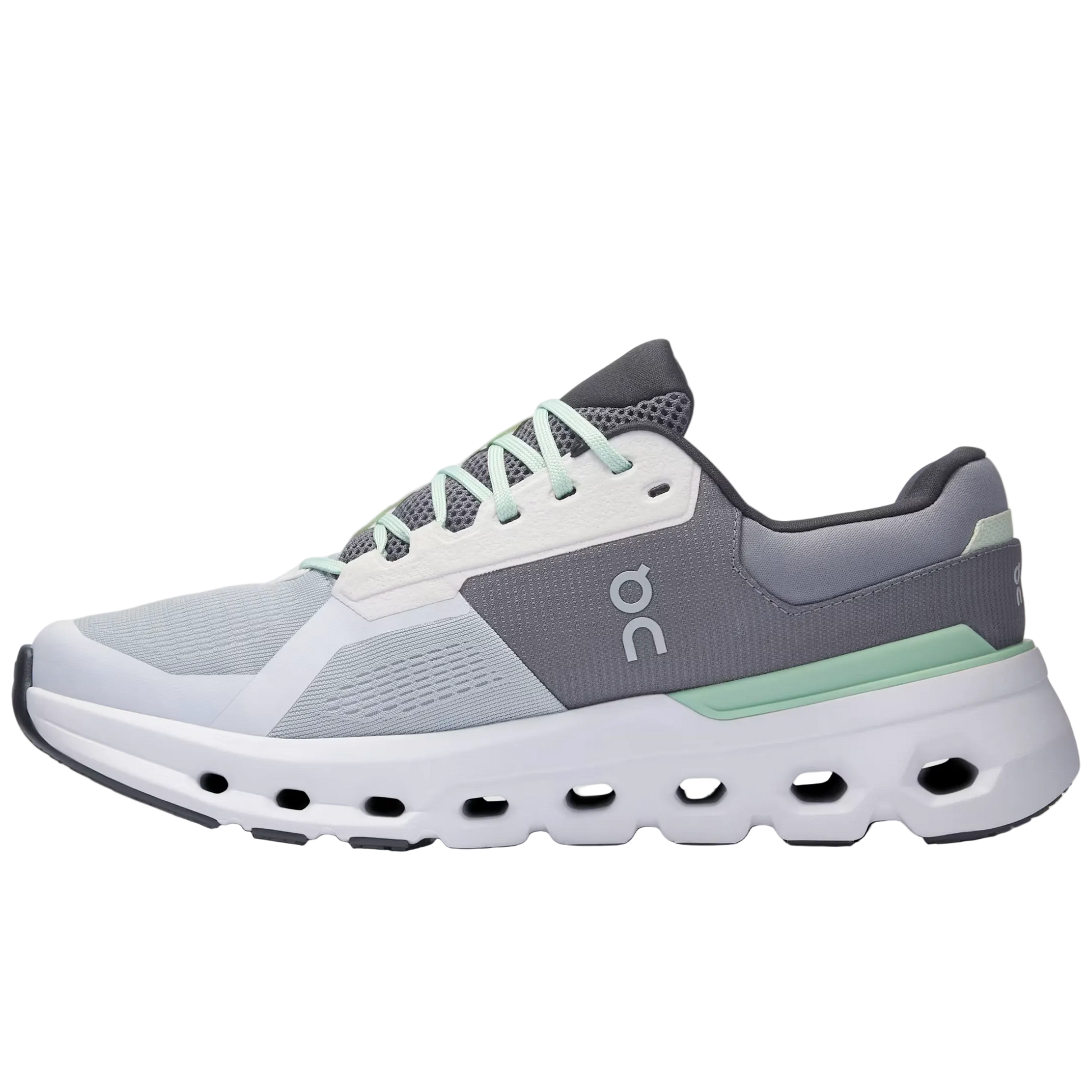 Gray and white running shoe on a light gray background