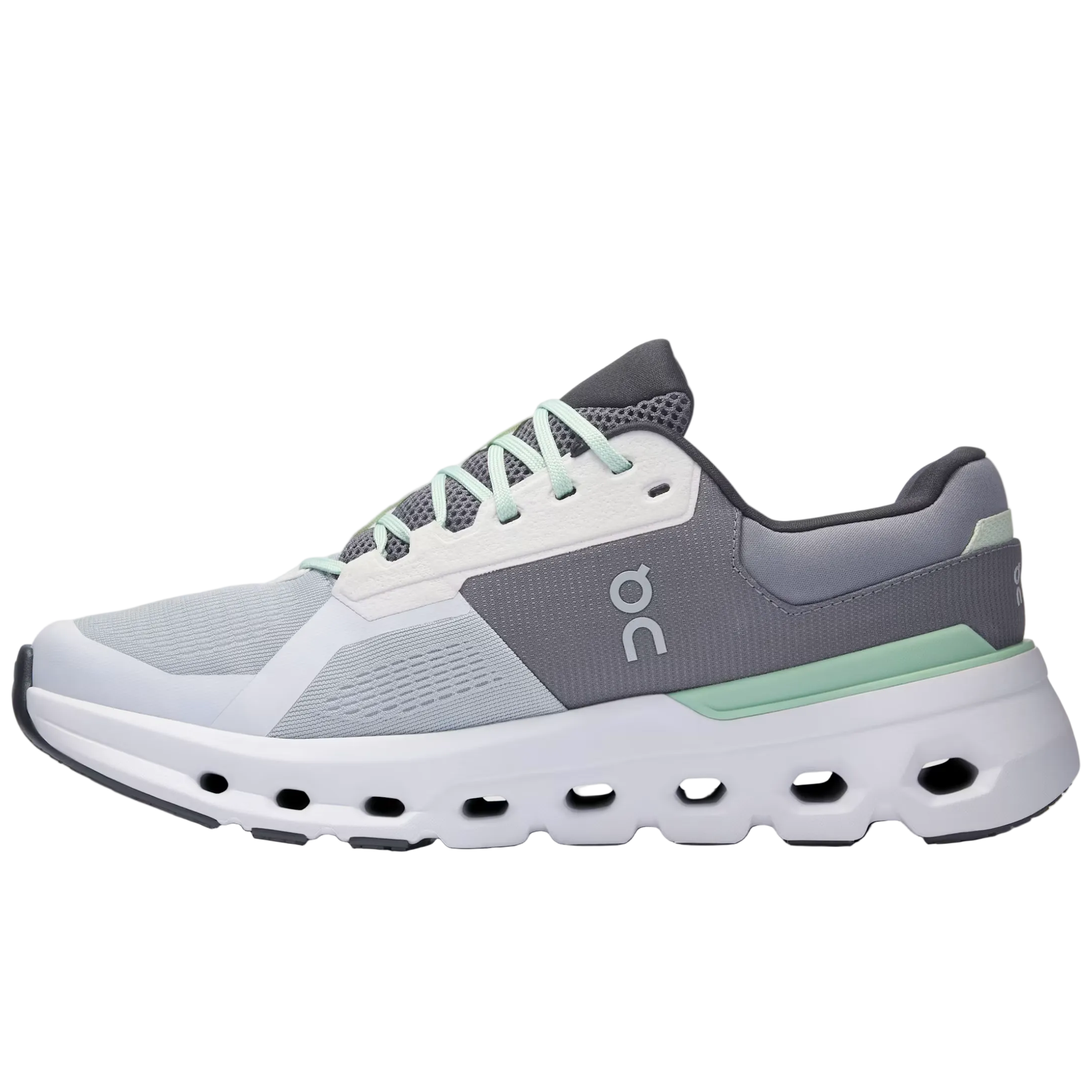 Gray and white running shoe on a light gray background