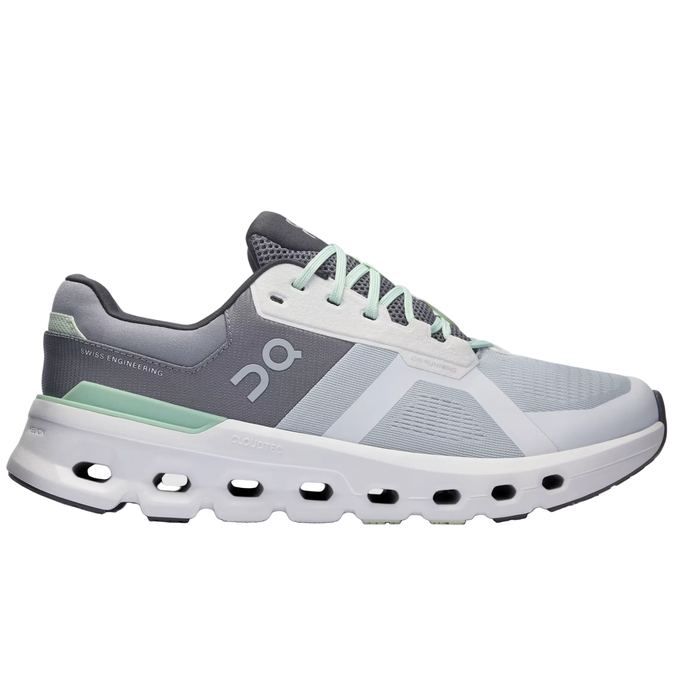 Gray and white running shoe on a light gray background