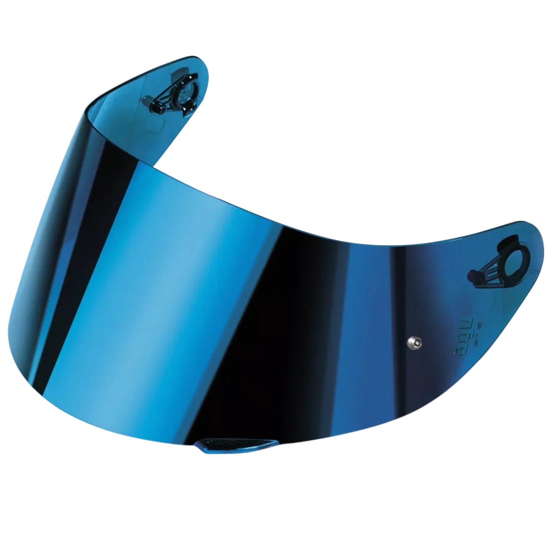 A blue mirrored motorcycle helmet visor with black mounting hardware, shown on a light gray background.
