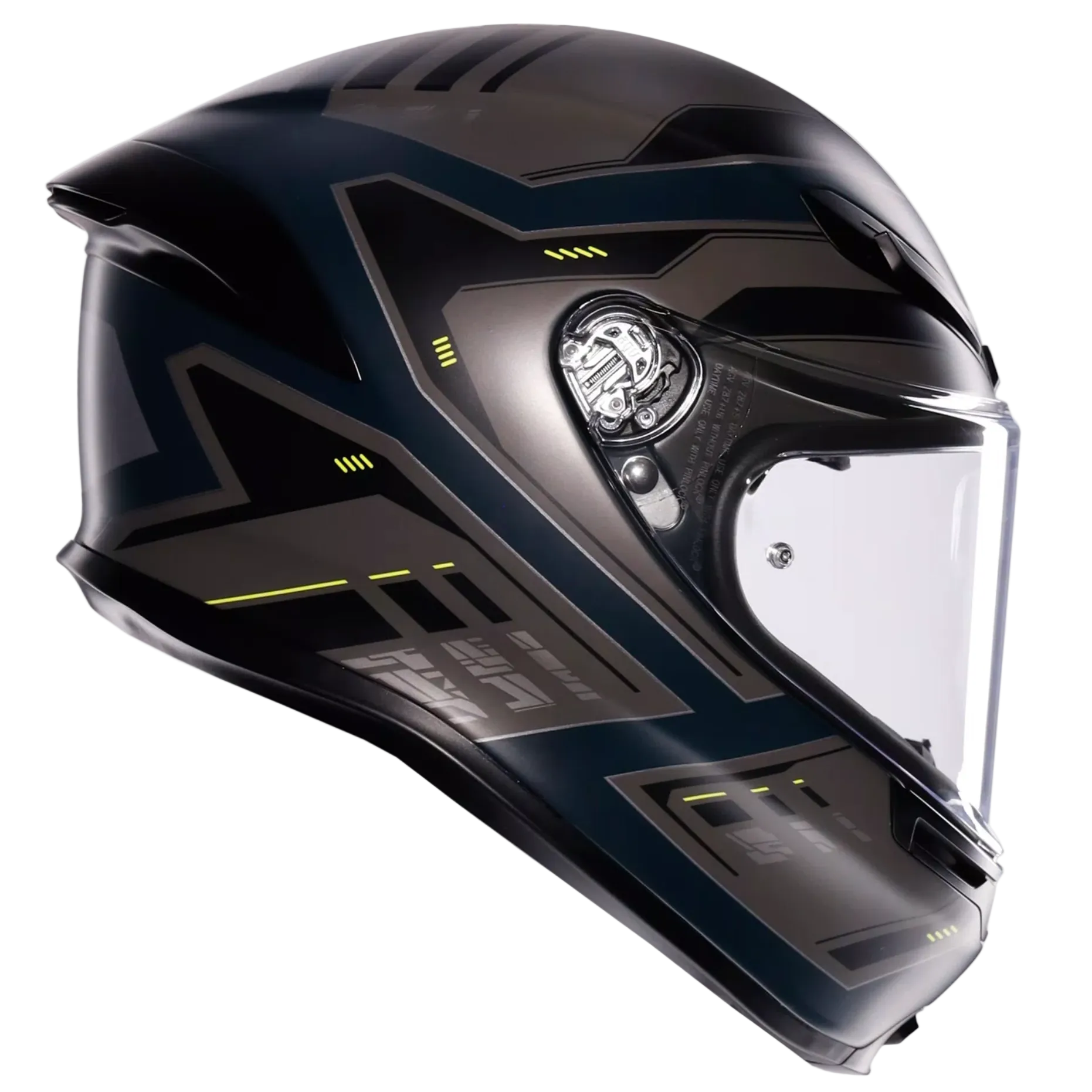 A full-face motorcycle helmet in a glossy black and dark navy blue color scheme with subtle yellow accents, shown from a side profile against a light gray background.
