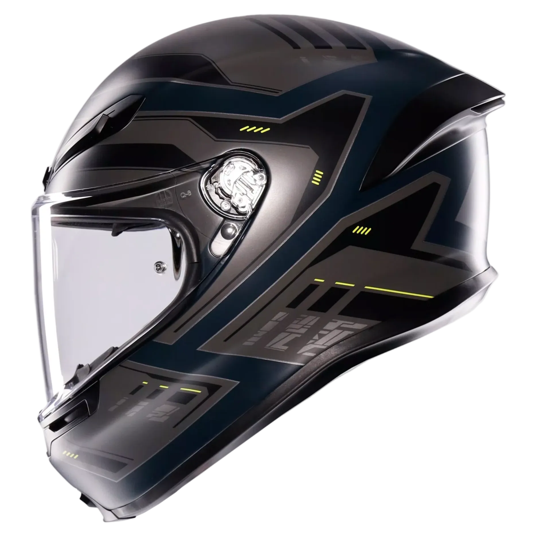 A full-face motorcycle helmet in a glossy black finish with subtle dark gray paneling and small yellow graphic accents, shown with a clear visor against a light gray background.