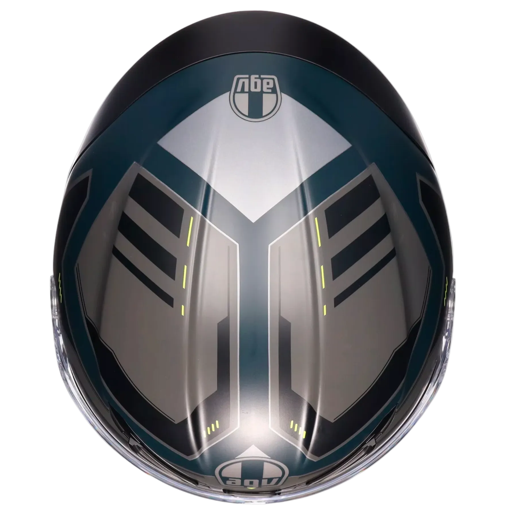 A top-down view of a full-face motorcycle helmet with a glossy dark teal and black design, featuring a prominent silver geometric Y-shaped graphic on the forehead and a clear visor, set against a light gray background.