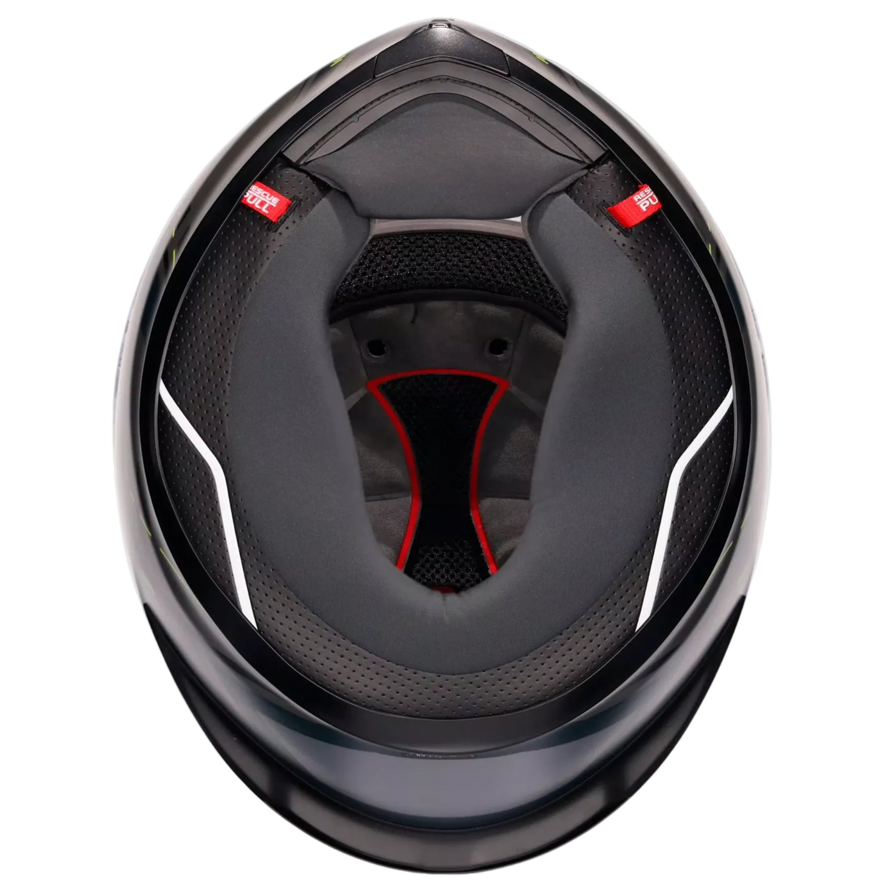 Top-down view of a black full-face motorcycle helmet showing the interior padding, ventilation mesh, and red accent stitching on a light gray background.