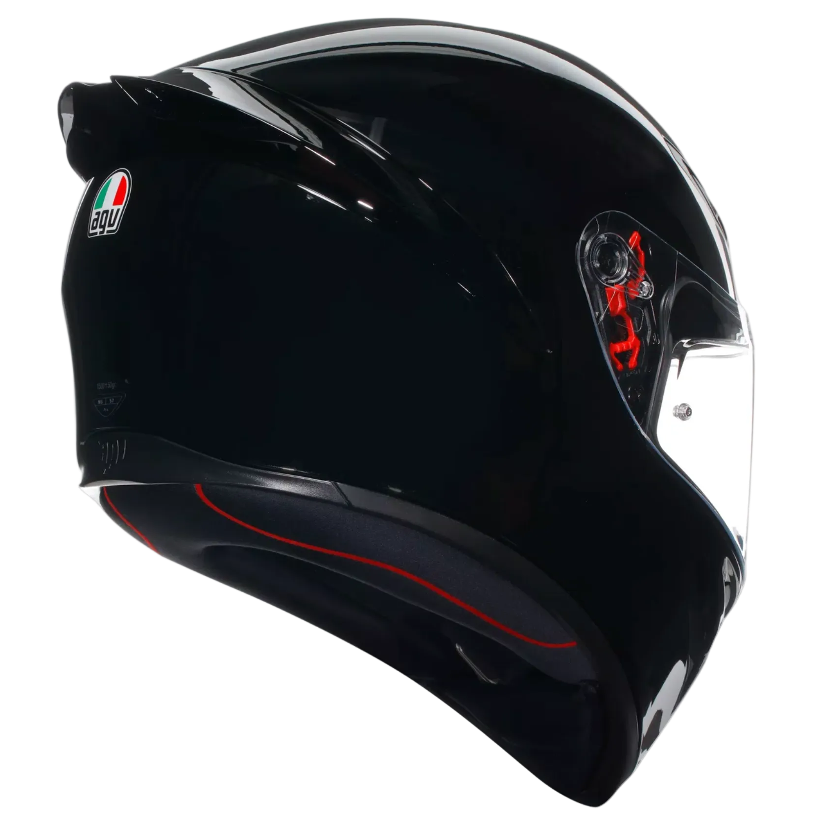 A glossy black full-face motorcycle helmet with a clear visor, shown in a three-quarter side view against a light gray background. The AGV logo is visible on the forehead area, and there is a small Italian flag badge on the side.