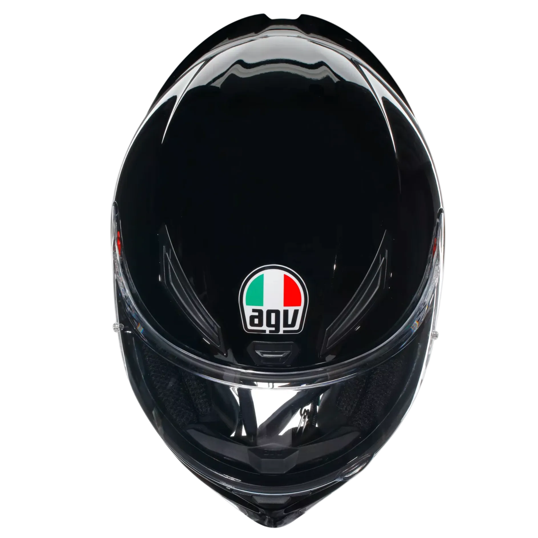A glossy black full-face motorcycle helmet with the AGV logo on the visor, shown from a top-down view against a light gray background.