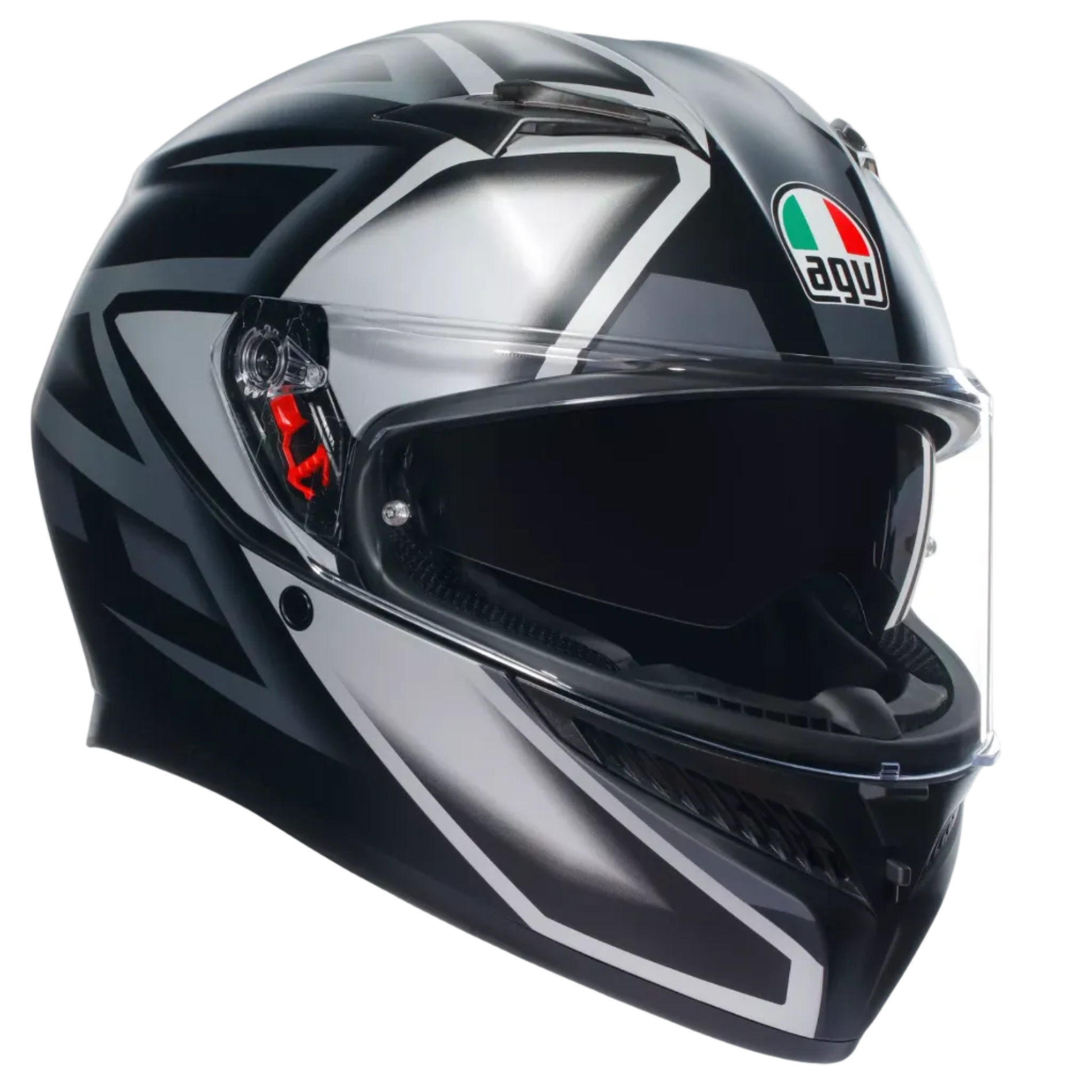 A full-face motorcycle helmet in glossy black and metallic silver with white graphic accents, featuring a clear visor and the AGV logo on the side.