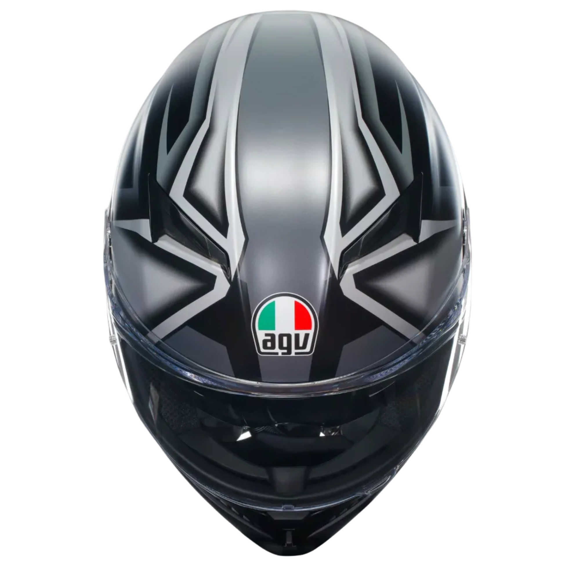 A full-face motorcycle helmet in a glossy black and metallic silver graphic livery, featuring the AGV logo on the forehead, shown against a solid light gray background.