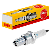 An NGK BPR6 spark plug shown in front of its yellow and red retail packaging box on a light gray background.
