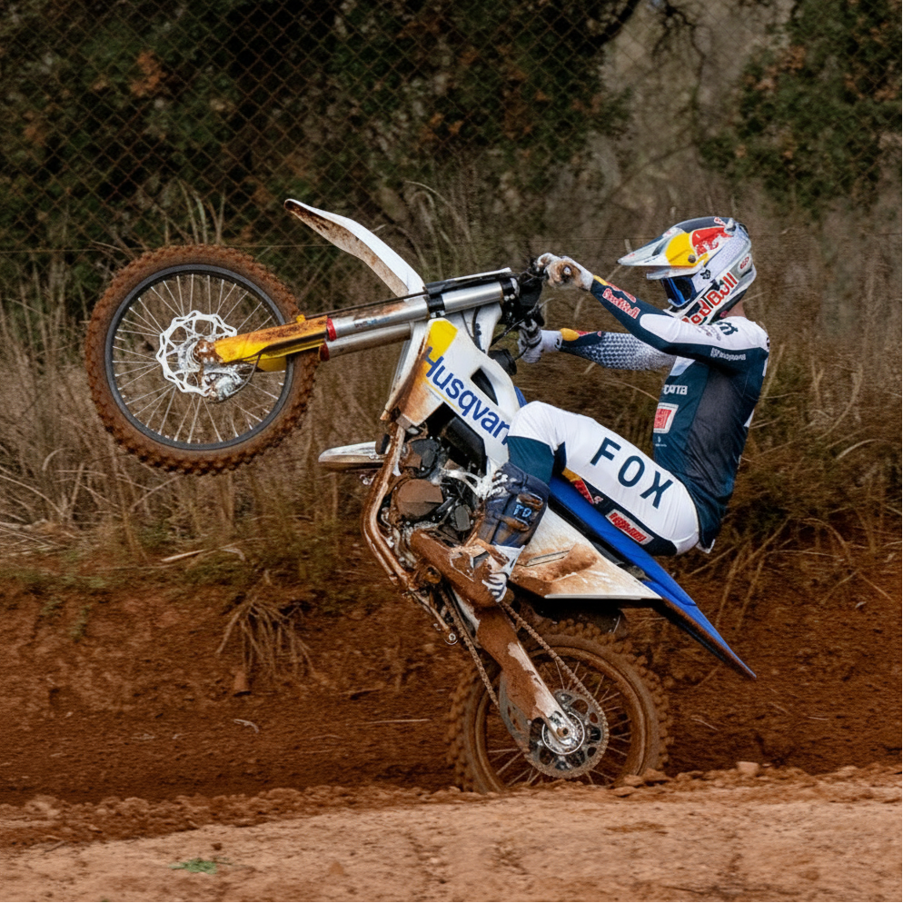 A motocross rider in a white, blue, and red suit leans heavily on a white, blue, and yellow Husqvarna dirt bike performing a wheelie on a dirt track.