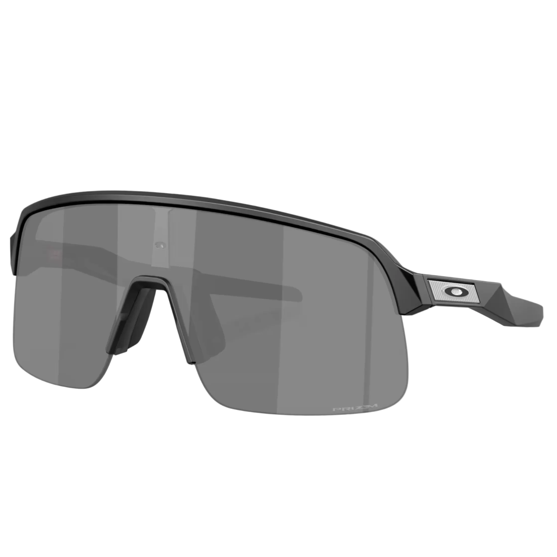 Oakley shield-style sunglasses with a matte black frame and dark gray lenses, shown on a clean light gray background with a faint reflection below.