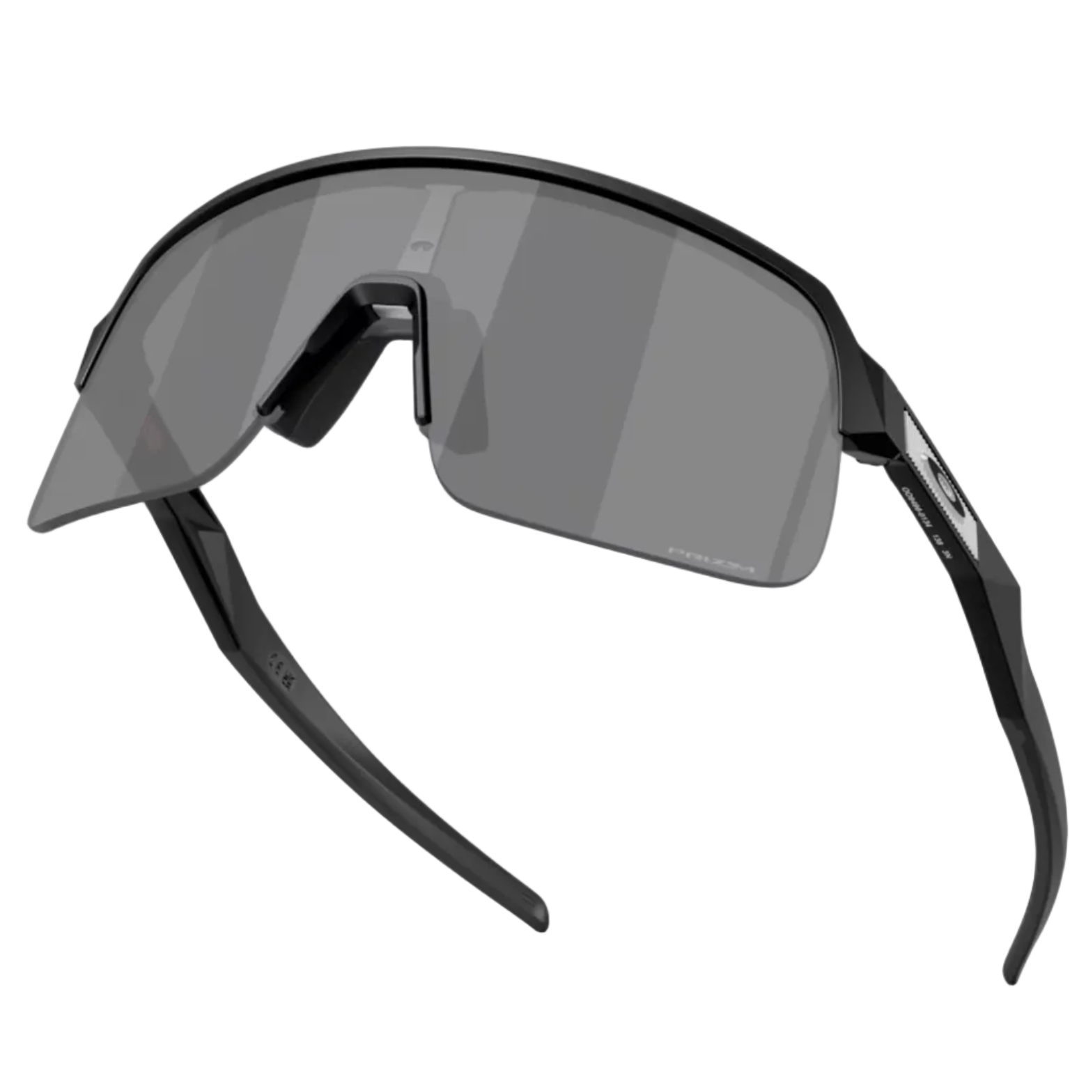 Black wrap-around shield sunglasses with dark gray lenses, shown at a three-quarter angle on a light gray background.