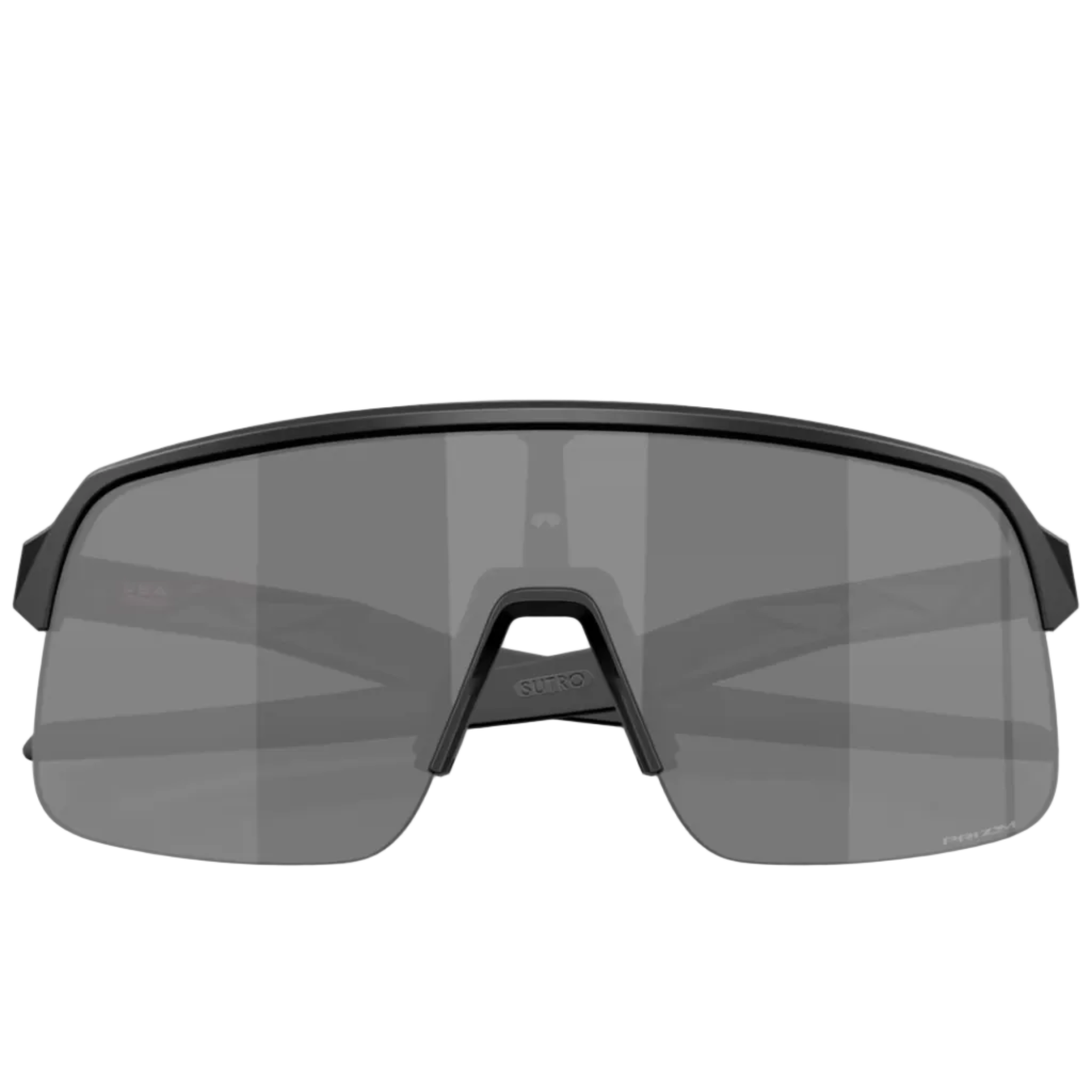 A pair of shield-style sunglasses with a matte black frame and dark gray lenses, shown from the front on a light gray background.
