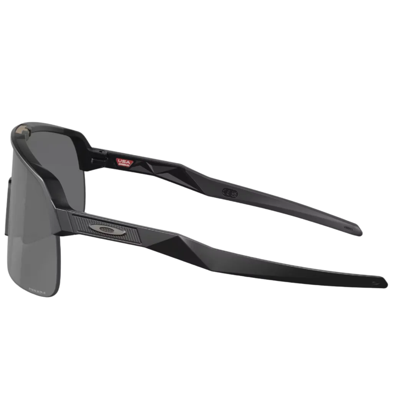 Black Oakley wraparound sunglasses with dark tinted lenses, shown from a three-quarters angle on a light gray reflective studio background.