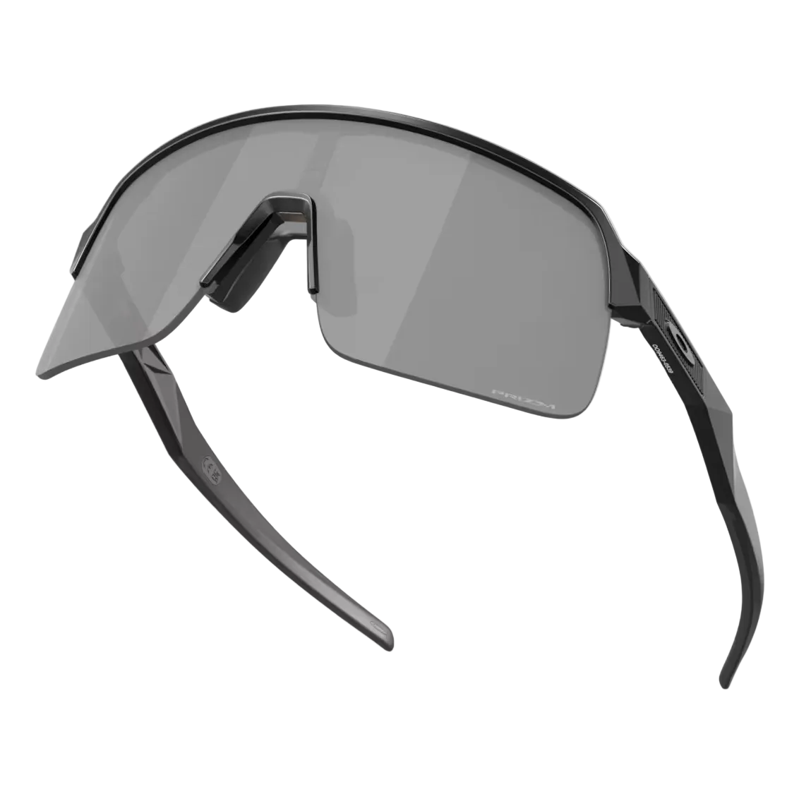 Oakley wraparound sunglasses with a matte black frame and a dark gray shield lens, shown on a light gray background with a subtle reflection.