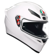 A white AGV full-face motorcycle helmet with a clear visor, shown from a three-quarters angle against a plain white background.