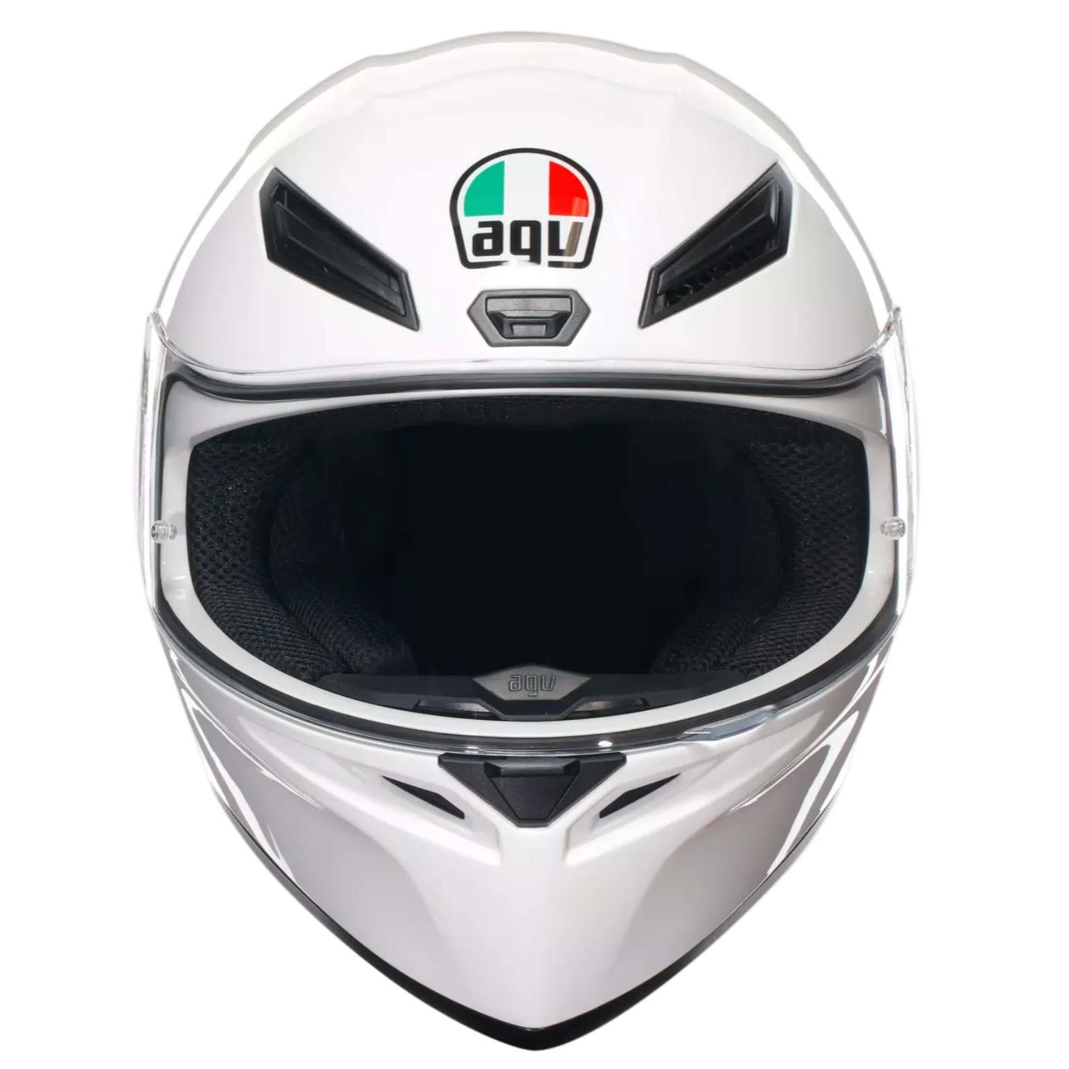 A white AGV full-face motorcycle helmet shown from the front against a plain white background.
