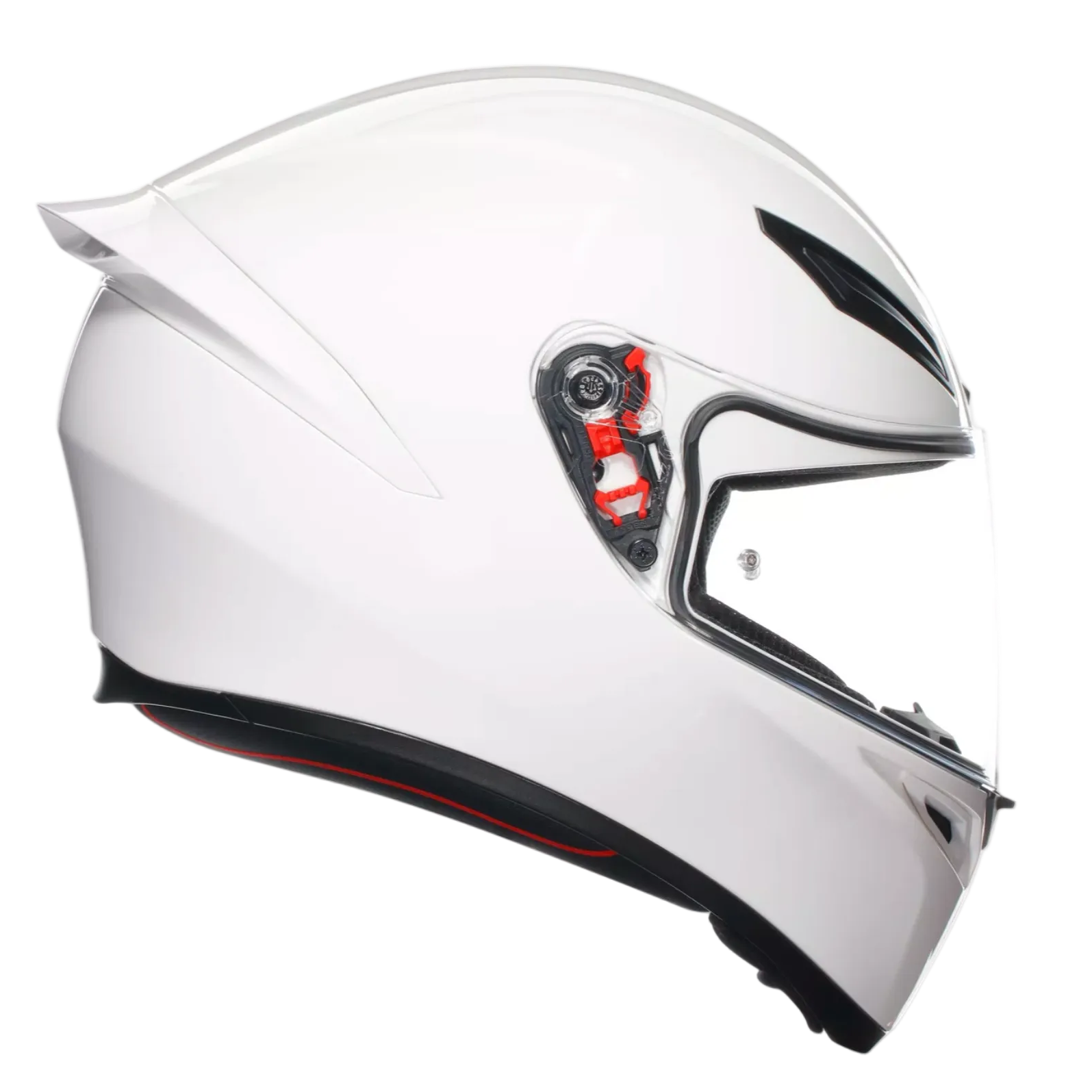 A white full-face motorcycle helmet with a clear visor, shown in a side profile view against a plain white background.