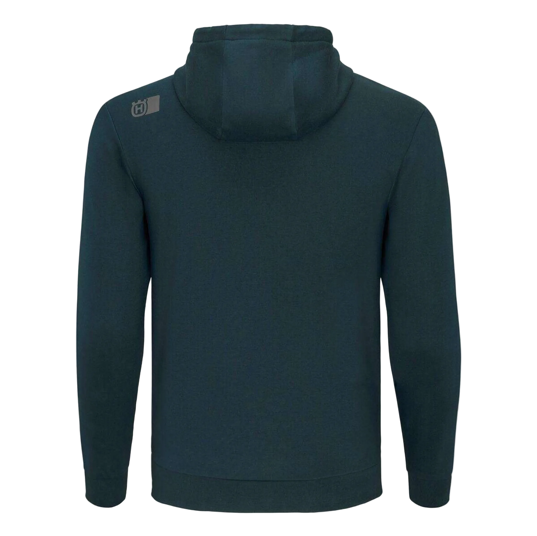 A dark teal hooded sweatshirt shown from the back, featuring a small gray logo on the left shoulder, set against a light gray background.