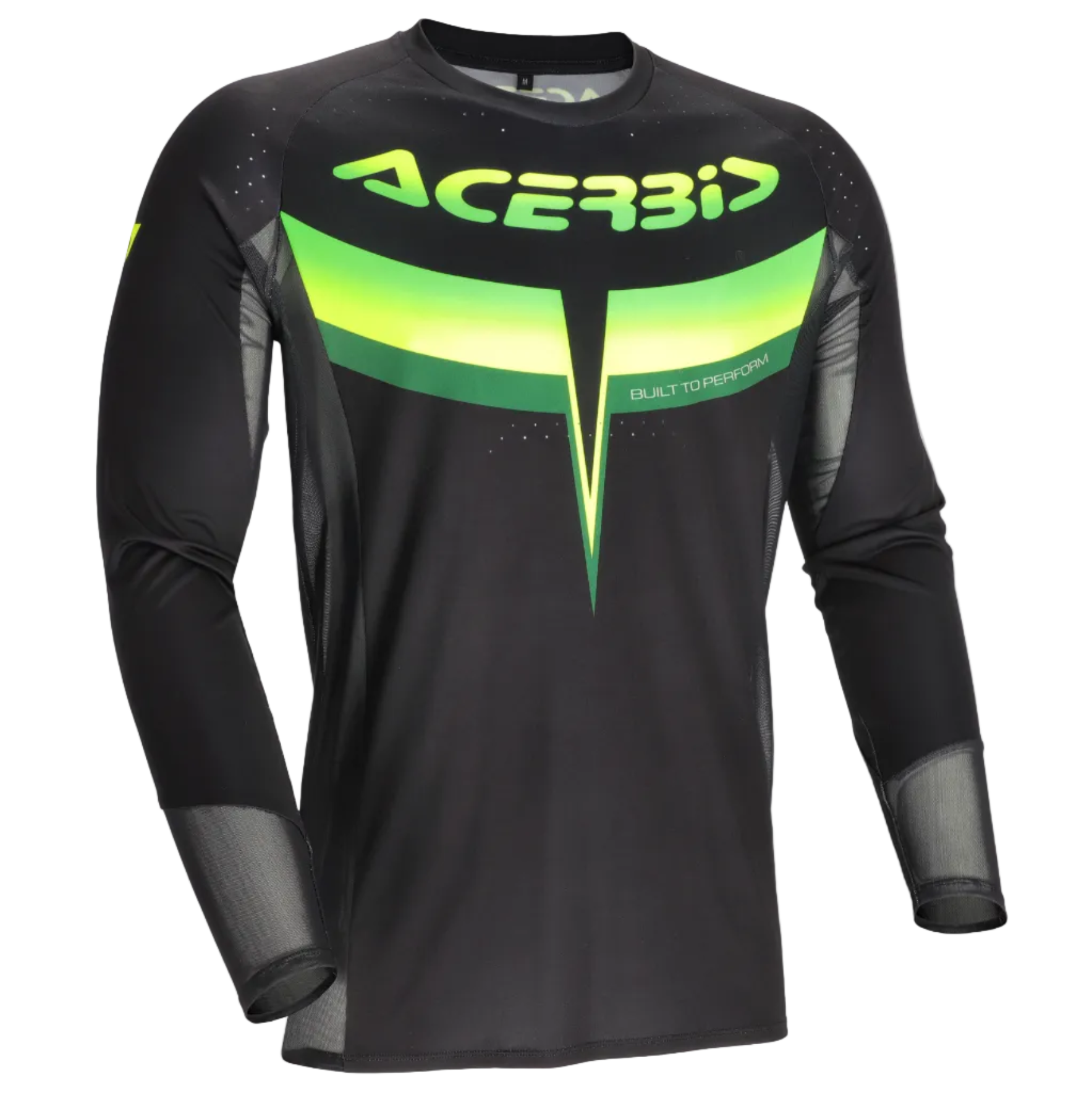 A black long-sleeve athletic jersey with a vibrant green and yellow Acerbis logo and graphic on the chest, displayed on a clean white background.