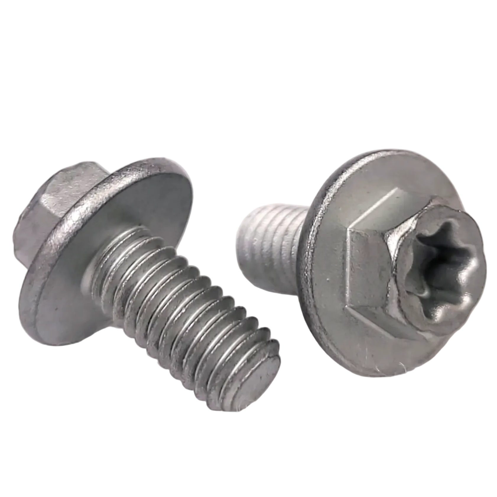 Two metal screws on a white background