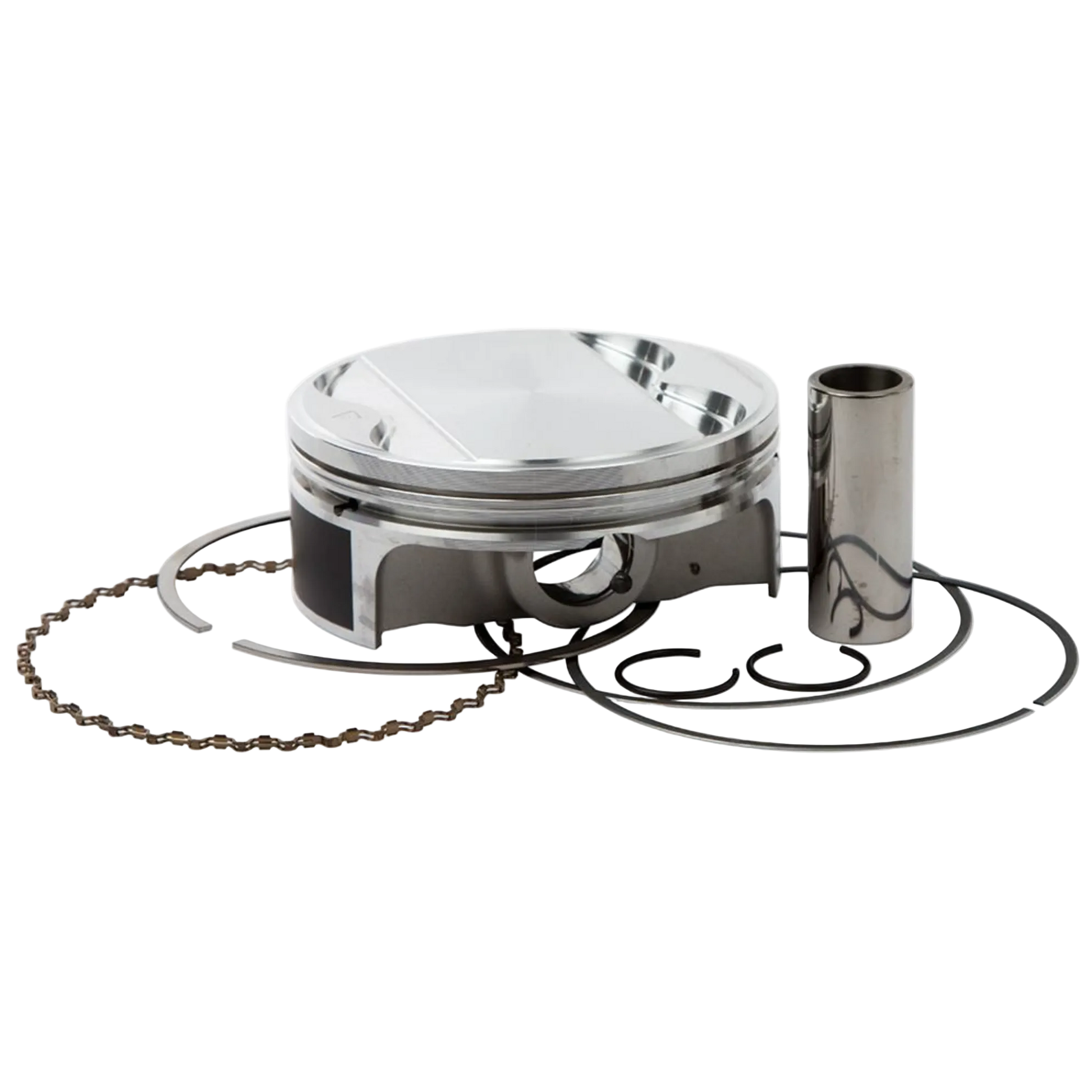 Piston set with piston, rings, and wrist pin on a white background