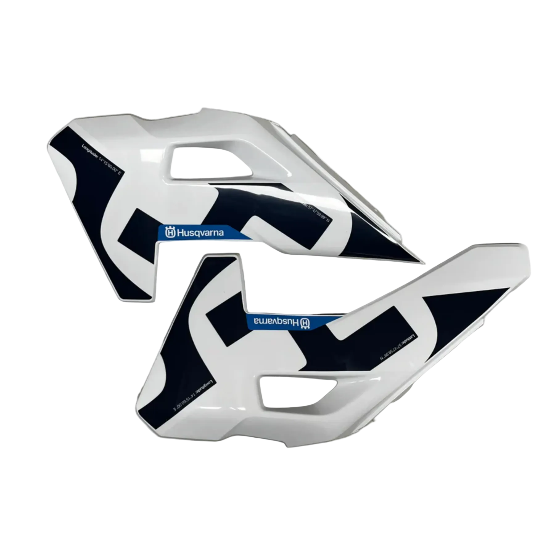 Two white handguards with black and blue branding on a white background