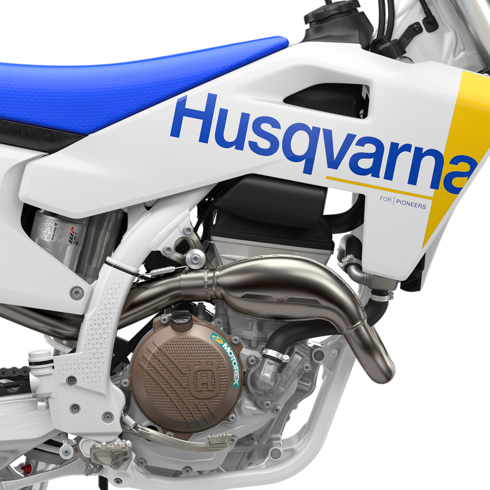 Close-up of a Husqvarna motorcycle engine and exhaust on a white background
