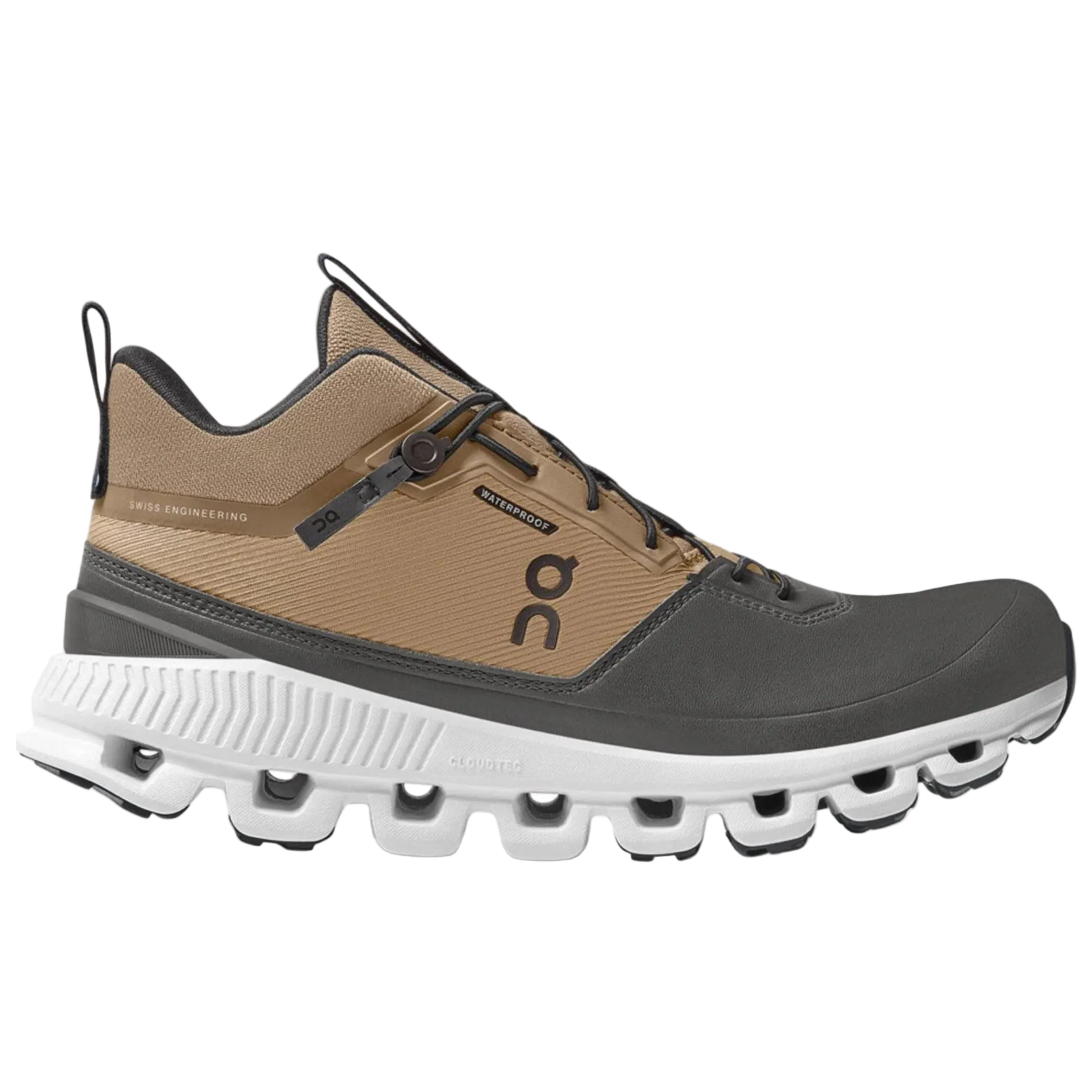 Brown and gray running shoe with white sole on a white background