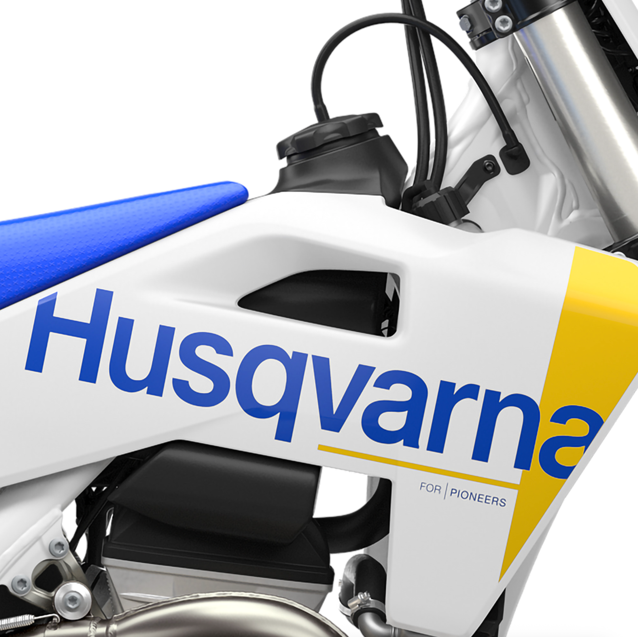 Close-up of a Husqvarna motorcycle with blue and yellow branding.