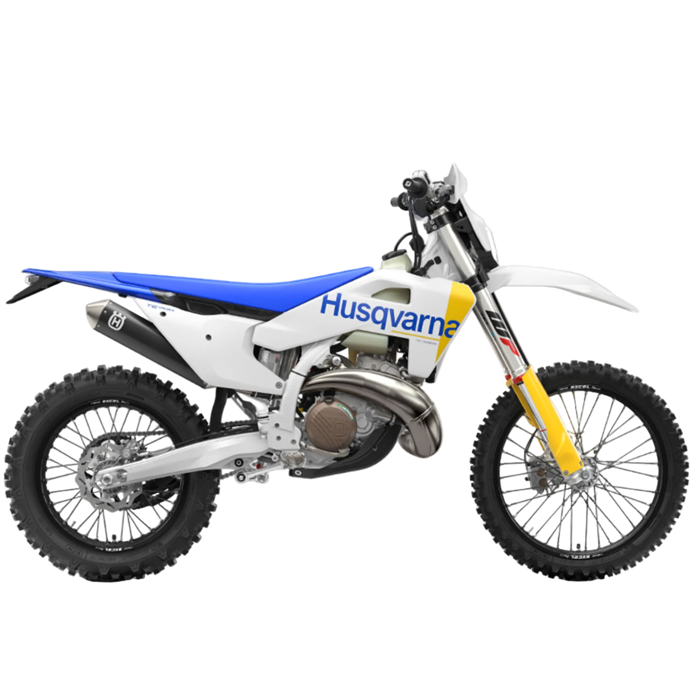 A Husqvarna dirt bike in white, blue, and yellow, shown from a side profile view against a light gray background. A 'Husqvarna Warranty' badge is visible in the top-left corner.