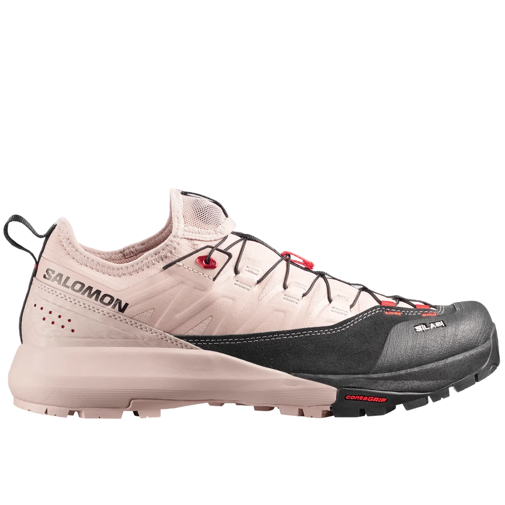 Salomon trail running shoe in light beige and black with red accents, shown from the side against a light gray background.