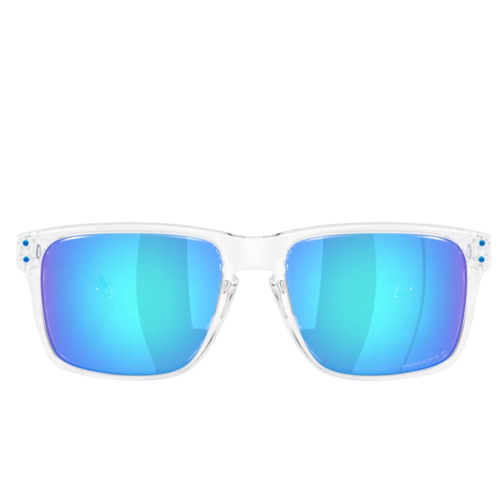 Clear acetate sunglasses with vibrant blue mirrored lenses, shown from the front on a light gray background with a soft reflection below.